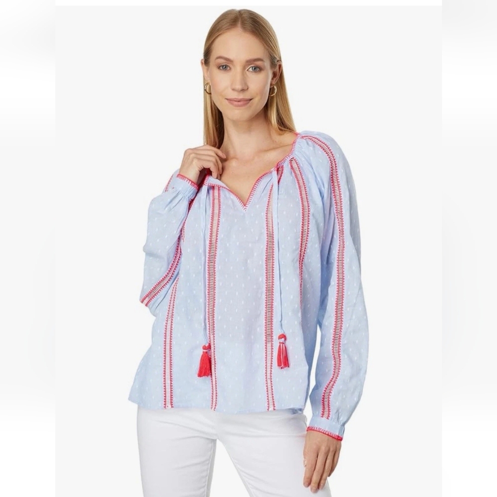 Lilly Pulitzer Mardi Long Sleeve Chambray Tassel Top Cotton Clip Blue Small